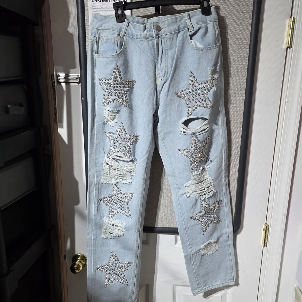 Women's Light Blue Star Studded Straight Leg Jeans